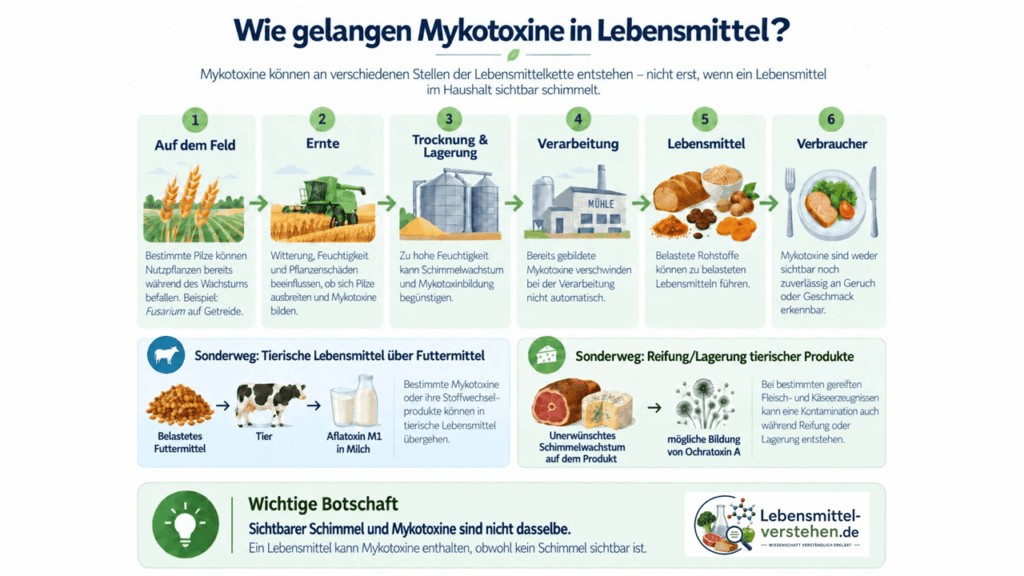 Infografik „Wie gelangen Mykotoxine in Lebensmittel?“ – zeigt Entstehungs- und Eintragswege von Schimmelpilzgiften entlang der Lebensmittelkette vom Feld bis zum Verbraucher.