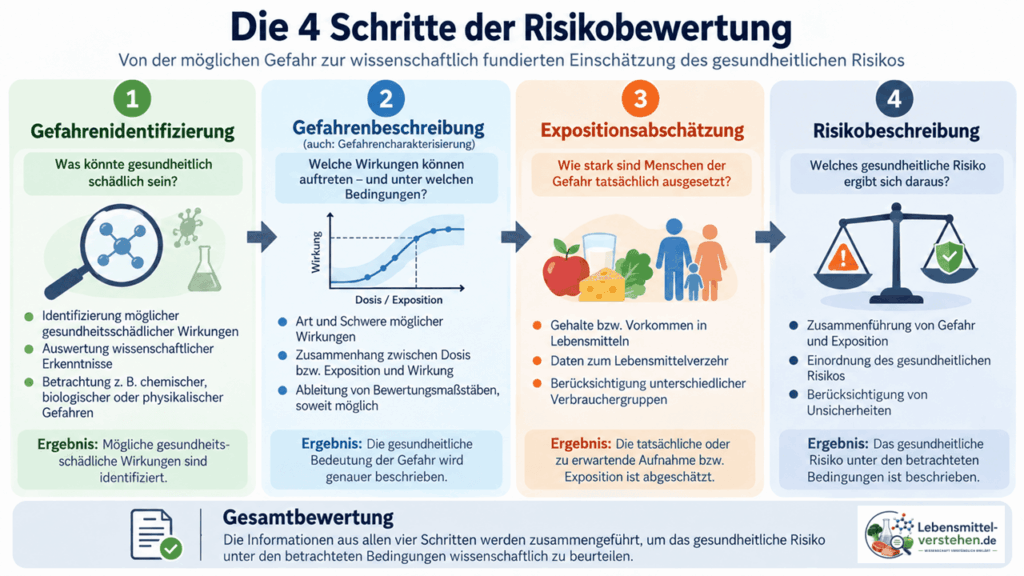Infografik zu den vier Schritten der wissenschaftlichen Risikobewertung bei Lebensmitteln: Gefahrenidentifizierung, Gefahrenbeschreibung, Expositionsabschätzung und Risikobeschreibung.