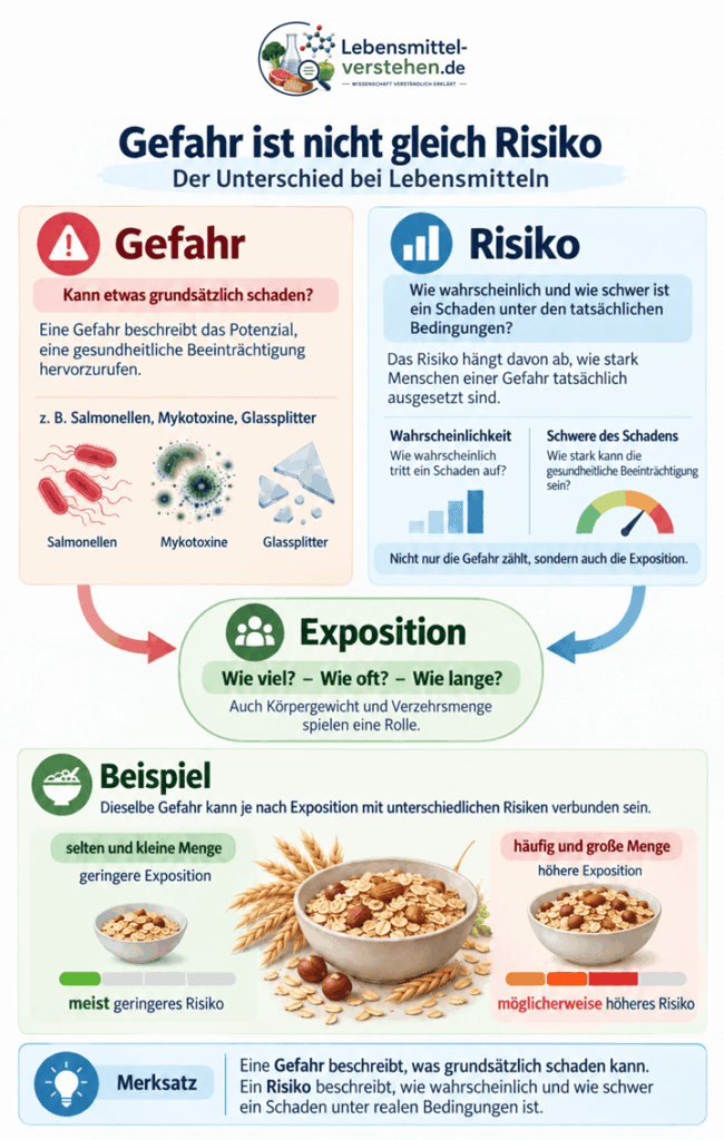Infografik zum Unterschied zwischen Gefahr und Risiko bei Lebensmitteln mit Beispielen zu Salmonellen, Mykotoxinen, Glassplittern und Exposition.