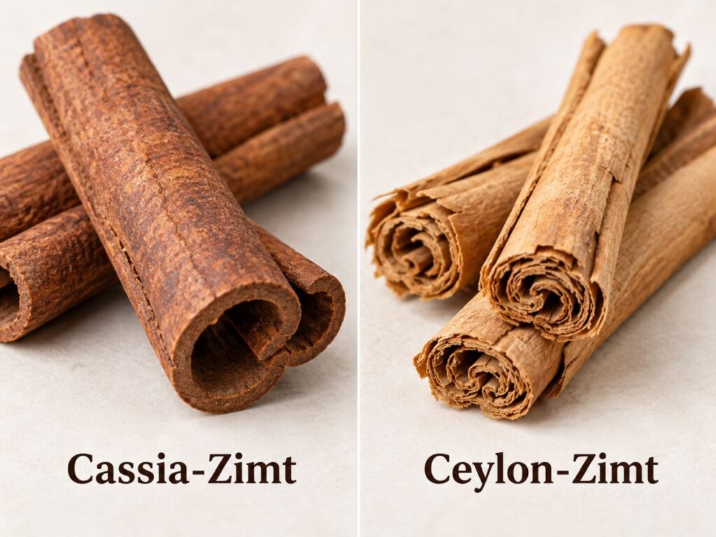 Vergleich von Cassia-Zimt und Ceylon-Zimt: Cassia-Zimt mit dicker, dunkelbrauner Rinde und Ceylon-Zimt mit vielen dünnen, ineinandergerollten Rindenschichten.